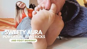 Sweety Aura POV casual jeans kicks and foot worship
