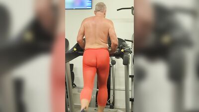 Thin tights and shirtless at the gym