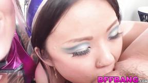 ”BFFs Lulu Chu & two more gals endure getting railed by a mature dude”