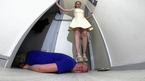 Stepping On His Head In Her Wedge Sandals FLOOR CAM