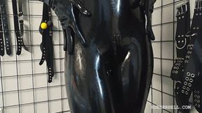 Blowjob in full black latex enclosure and perforated hood #122