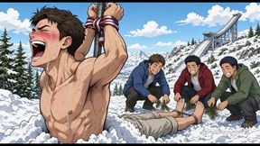 Buried In The Snowdrift - Ski Jumper Stuck Up To His Chest, Snowboarders On His Bare Soles (2D Anime