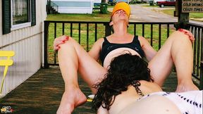 Mature redneck stepmom enjoys a good laugh with her young stepchild on the porch