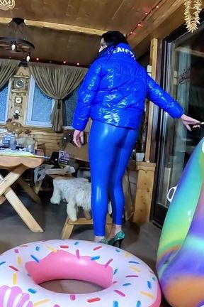 Dominant MILF in Shiny Leather Pants and Glossy Downjacket. Blowjob, Cameltoe, Cum Play and Inflatable Destruction