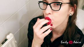 Trans secretary sucks the dick of her boss in the office bathroom for a promotion - Emily Adaire dildo POV