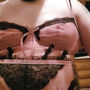 Chubby sissy maid plays with two dildos