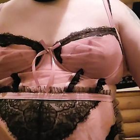 Chubby sissy maid plays with two dildos