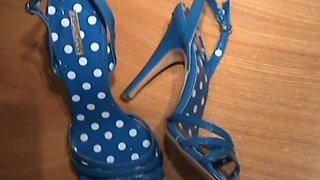 wife's blue & white slingback sandals-fuck with cum
