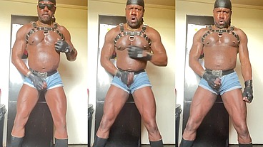 Black Muscle Dad in Denim/Leather Geared Wank and Flex & Cum