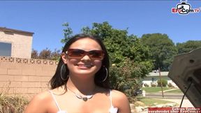 Black haired slut with big boobs seduce at the street for a fuck