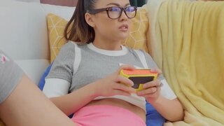 Tiny Asian teen devours her stepdad's cock like a burger