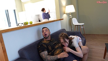 Hot Naughty Girl Seduces her Stepmother's lover and he fucks them both Hard in the Mouth with his Huge Dick!