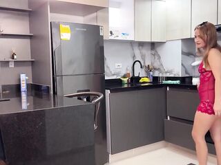 My stepmother teases me with her luscious booty whilst that babe's in the kitchen and we end up having coarse sex.