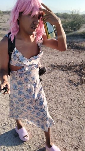 Beautiful little femboy walks in public wearing very hot pink dress and sandals   Clip 2