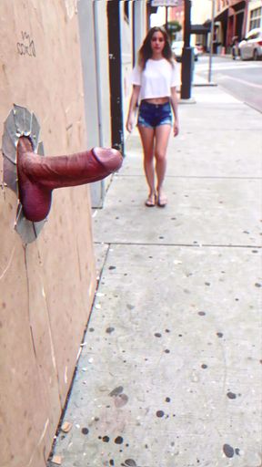 Public glory hole leads to deep throat blowjob action