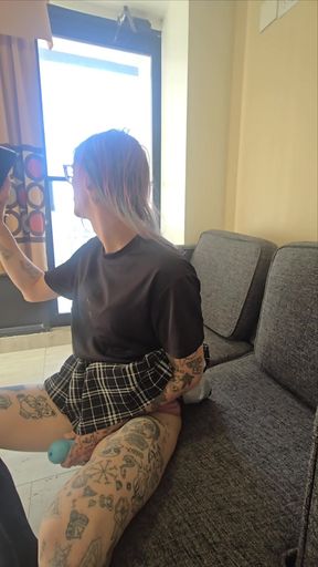 Trans slut cums on her own face