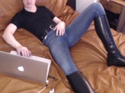 I cum in my jeans and tall boots watching porn on my leather bed