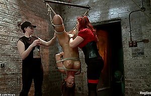 Suspended for knees lesbian pussy toyed