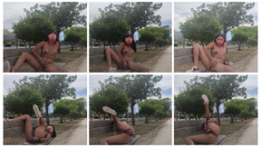 Cute skinny Latina, naked, masturbation with dildo, on a Public Park Bench