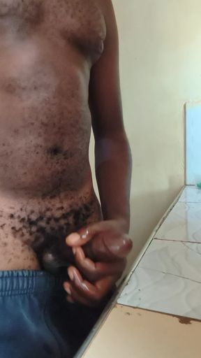 Solo Boyfriend Jerking His Hard Dick Early in the Morning and Released Load of Cum on the Kitchen Worktop
