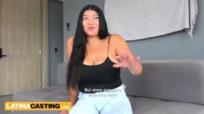 Latina Shemale Squeezes Her Balloons As Big Man Slams Into Her From Behind