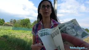 Public Sex Cash convinces slim beauty to bounce her pussy on agents cock