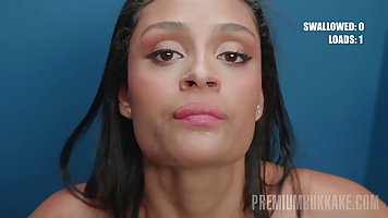 Slender brunette beauty Breiny Zoe sucks dicks in GLory Hole