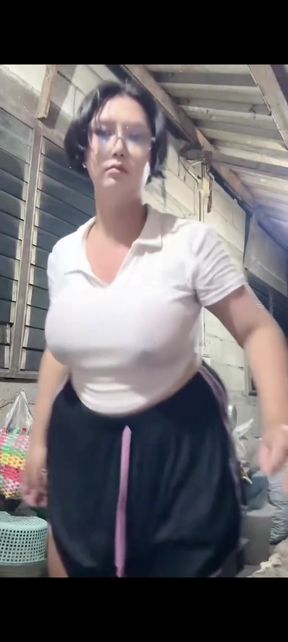 Curvy blonde amateur pees and plays with small Asian cock outdoors