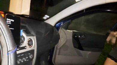 Horny MILF fucks delivery guy outdoors all natural in his car at night
