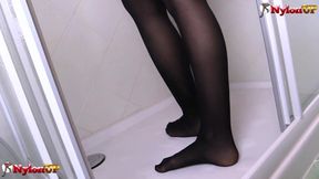 Irina Vega in black pantyhose masturbates taking a shower