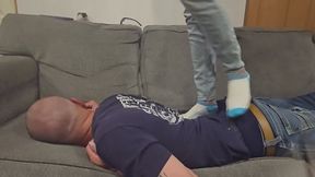 Chrissy tramples Dan in blue old navy socks