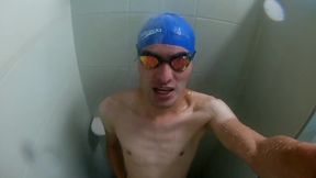 Big dick boy jerks off in speedo shower leaking cum all over