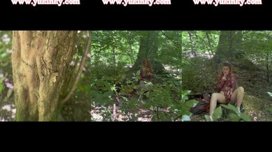 Rousseau streak tugging by herself in the woods eye level POV