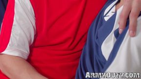 Athletic soldiers suck dick and bareback in wild foursome