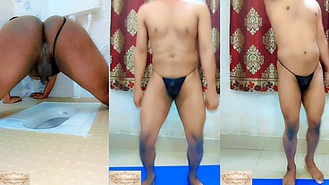 Small clitty sissy in sexy thong G-string pissing and exercising.