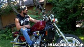 Zack is bearded muscular biker who is jerking off outdoors