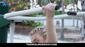 Horny fit blonde hooks up with a muscle stud