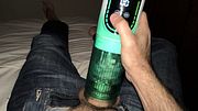Suction toy on the bed sheets with jeans on and cumming outside