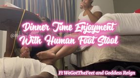 Dinner Time Enjoyment With Human Footstool