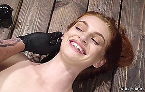 Bound slave is gagged with big dick