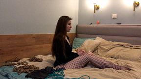 Tightly tied up sexy long-haired milf in a collar - homemade amateur BDSM bondage - Lovessie