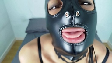 BDSM slut sucking cock deepthroat slapping and spitting her face with slave leather mask until cum