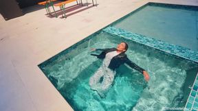 Alexandra Swims in a White Outfit and a Leather Jacket