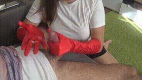 Sensitive handjob with red satin gloves and punish him c