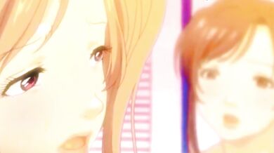 Lucky boy gets two busty hentai babes riding cock in cartoon anime