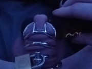 Cumming in small chastity cage