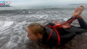 Hogtied in a Wetsuit – Rope Bondage Escape Challenge on the Beach - MOV