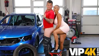 Blonde with huge tits licks a mechanic's ass before getting fucked