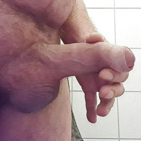 44 old Daddy Bear jerking his big uncut cock a public toilet again with cumshot (frontview)