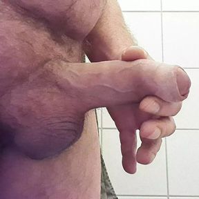 44 old Daddy Bear jerking his big uncut cock a public toilet again with cumshot (frontview)